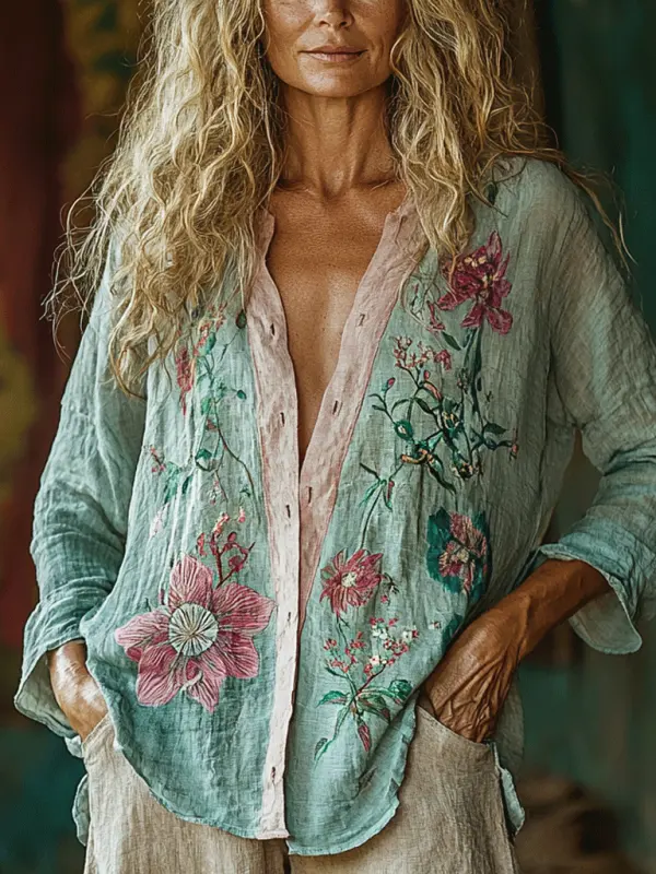 Women's Casual Linen Printed Casual Long Sleeve Shirt - Pragmaace.com 