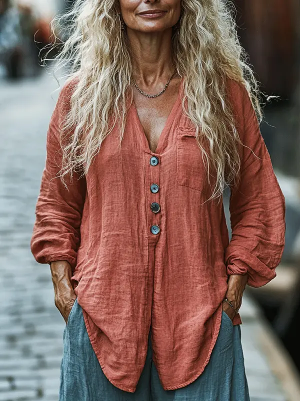 Women's Casual Linen Simple Casual Long Sleeve Shirt - Menbarn.com 