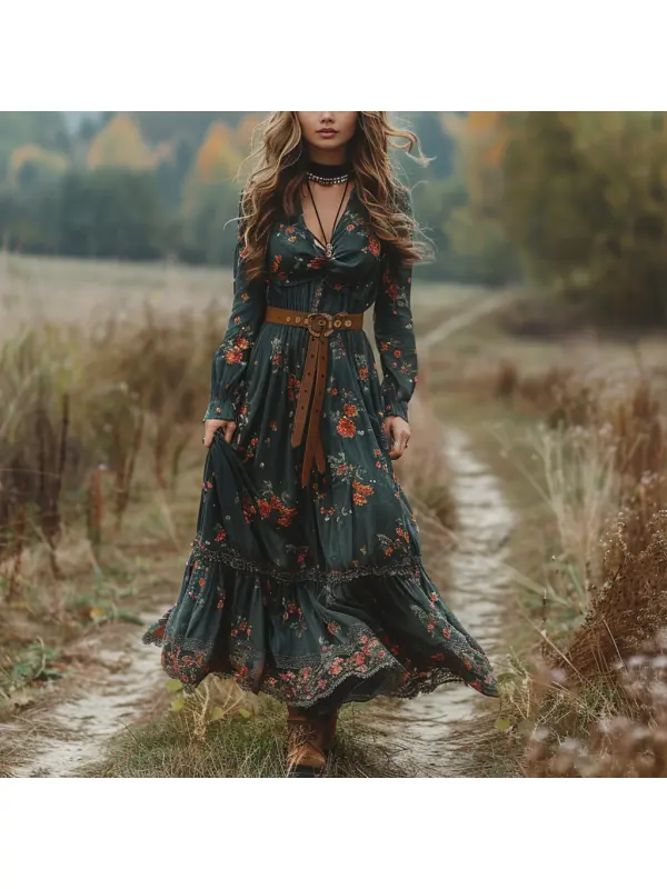 Retro V-neck Floral Women's Long-sleeved Long Skirt Country Pastoral Retro Dress - Cominbuyshop.com 