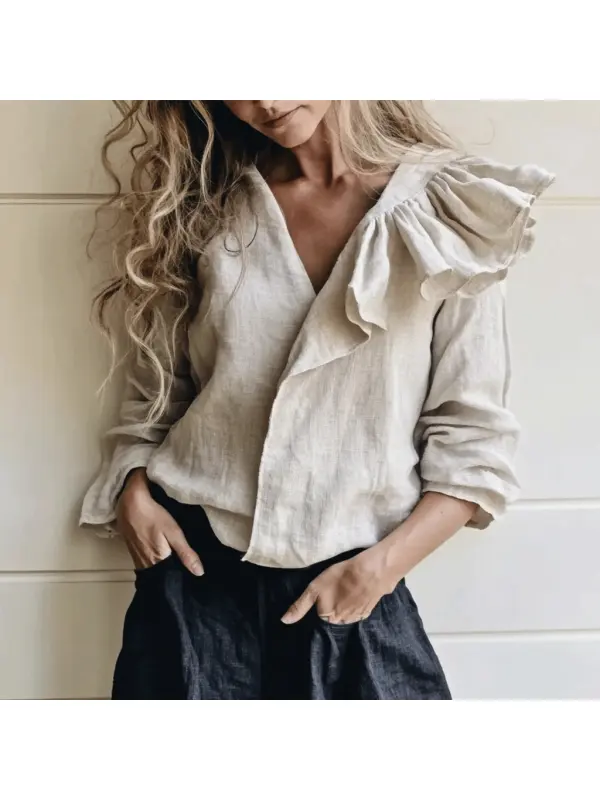 Women's Linen Asymmetric Ruffle Plain Casual Shirt - Machoup.com 