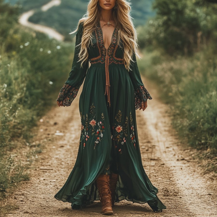 

Women's Vintage Western Cowgirl Floral Casual Pastoral Style Long Dress