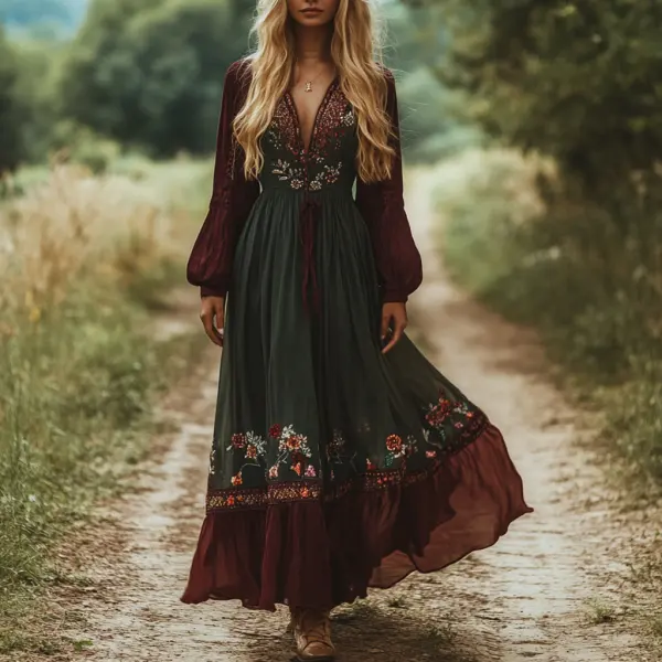 Women's Vintage Western Cowgirl Floral Casual Pastoral Style Long Dress - Albionstyle.com 