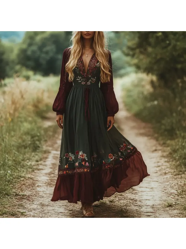 Women's Vintage Western Cowgirl Floral Casual Pastoral Style Long Dress - Realyiyi.com 