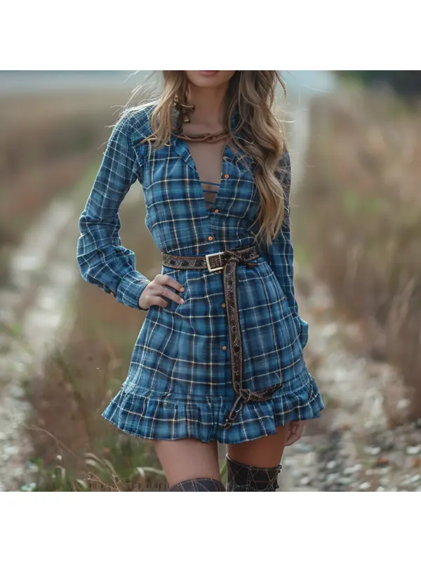 Women's Retro Plaid Long-sleeved Shirt Short Dress Pastoral Denim Sexy Long-sleeved Dress Autumn And Winter Retro Dress - Realyiyi.com 