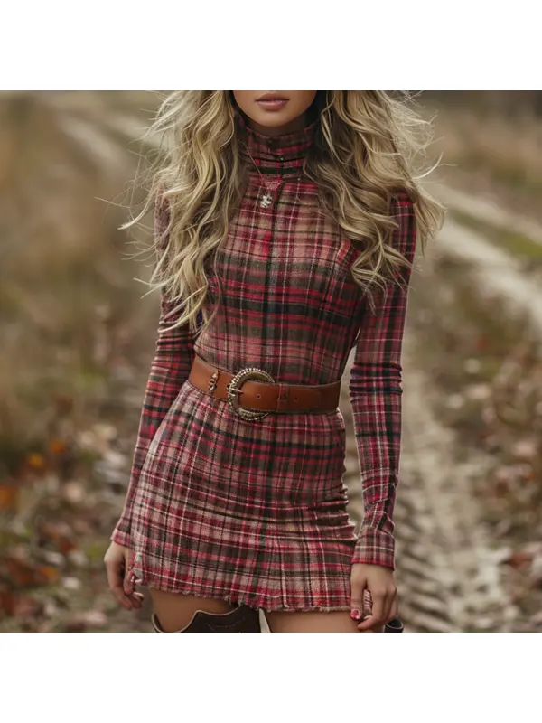 Women's Retro Plaid Long-sleeved Short Dress Pastoral Denim Sexy Long-sleeved Dress Autumn And Winter Retro Dress - Realyiyi.com 