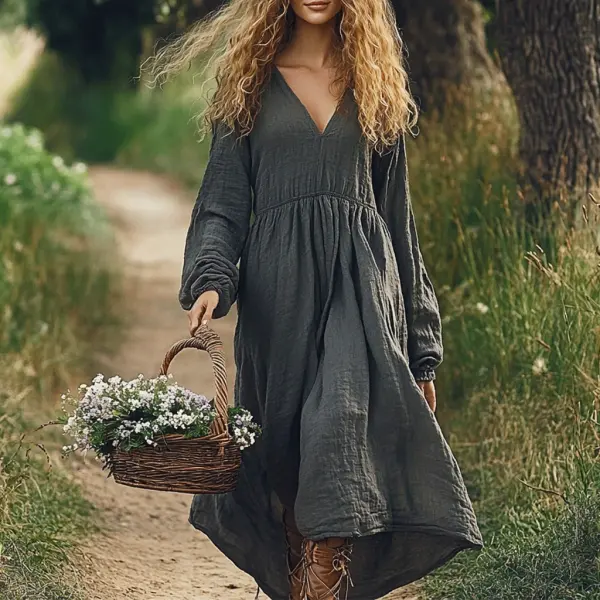 Women's Linen Solid Maxi Simple Bohemian Dress - Yiyistories.com 