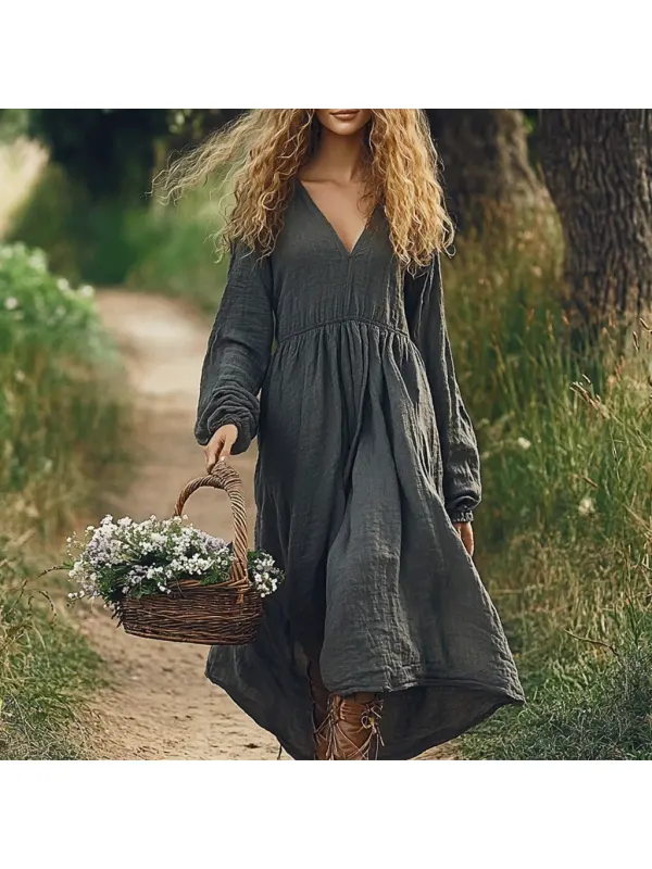 Women's Linen Solid Maxi Simple Bohemian Dress - Geocici.com 
