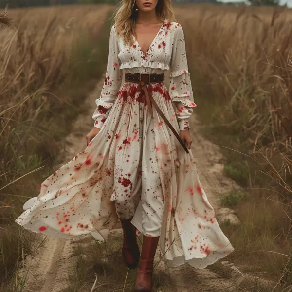 Retro V Neck Linen Women's Long Sleeve Long Dress Halloween Dress Party Dress - Ootdyouth.com 