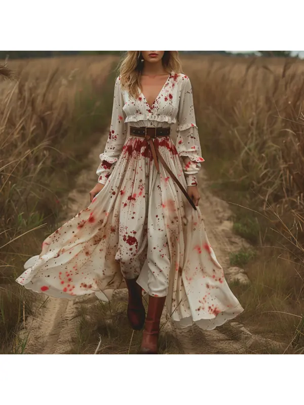 Retro V Neck Linen Women's Long Sleeve Long Dress Halloween Dress Party Dress - Realyiyi.com 