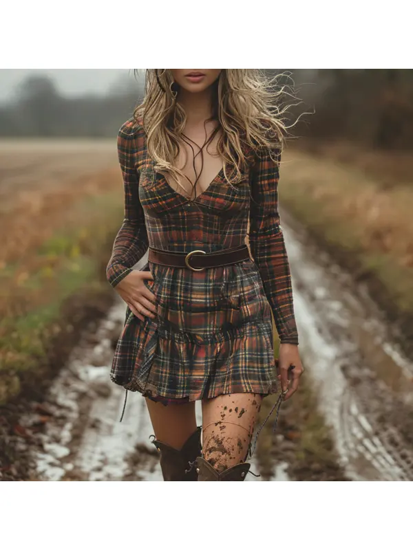 Women's Retro Plaid Long-sleeved Shirt Short Dress Pastoral Denim Sexy Long-sleeved Dress Autumn And Winter Retro Dress - Realyiyi.com 