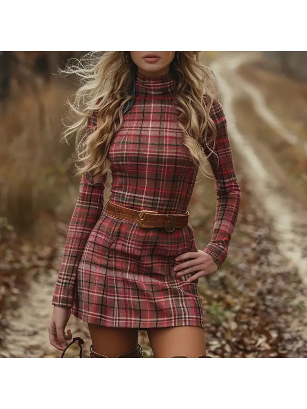 Women's Retro Plaid Long-sleeved Short Dress Pastoral Denim Sexy Long-sleeved Dress Autumn And Winter Retro Dress - Realyiyi.com 