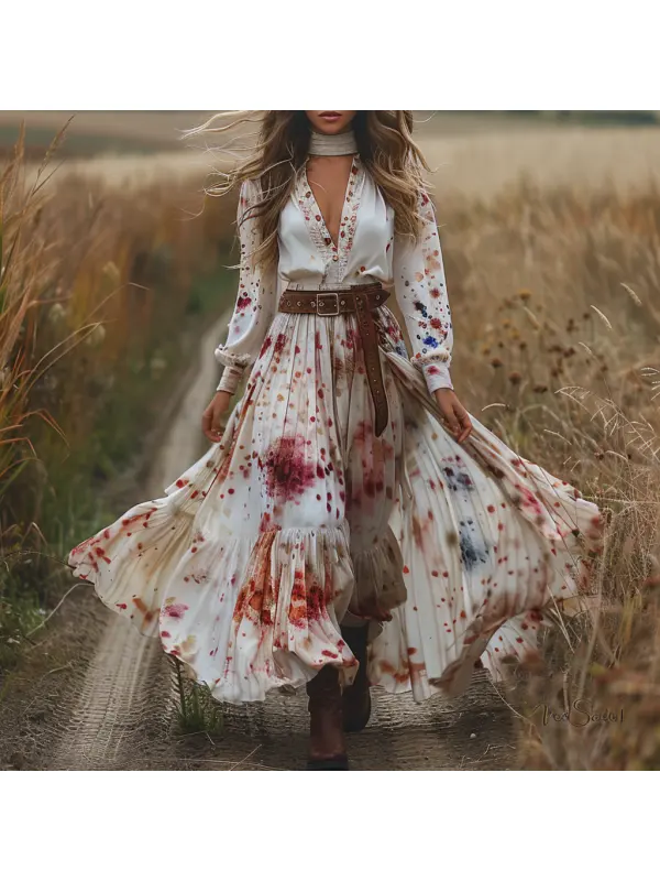 Retro V Neck Linen Women's Long Sleeve Long Dress Halloween Dress Party Dress - Cominbuy.com 