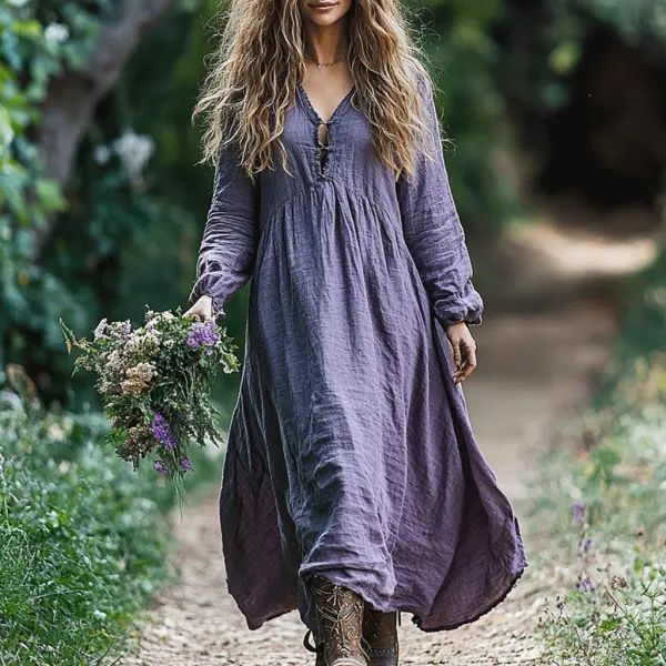 Women's Linen Solid V-neck Casual Maxi Loose Long Sleeve Bohemian Dress - Dozenlive.com 