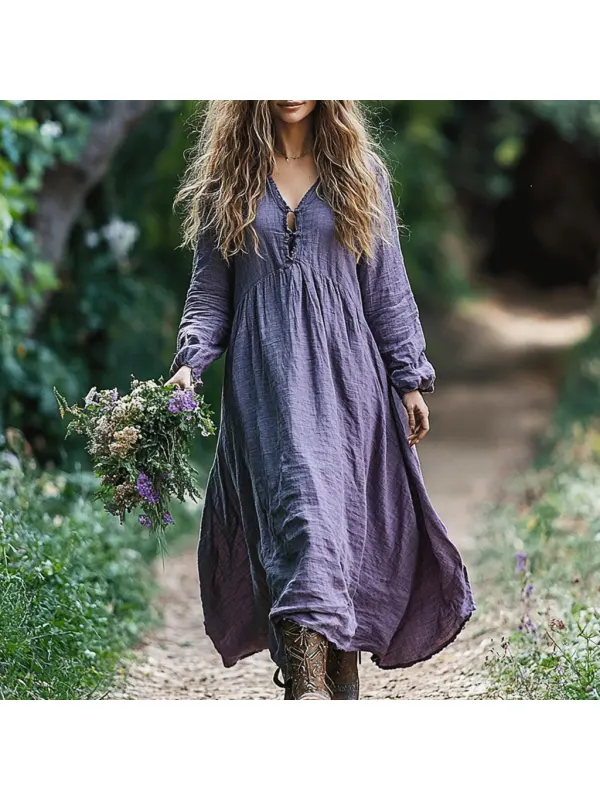 Women's Linen Solid V-neck Casual Maxi Loose Long Sleeve Bohemian Dress - Viewbena.com 