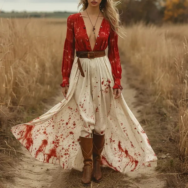 Retro V Neck Linen Women's Long Sleeve Long Dress Halloween Dress Party Dress - Ootdyouth.com 