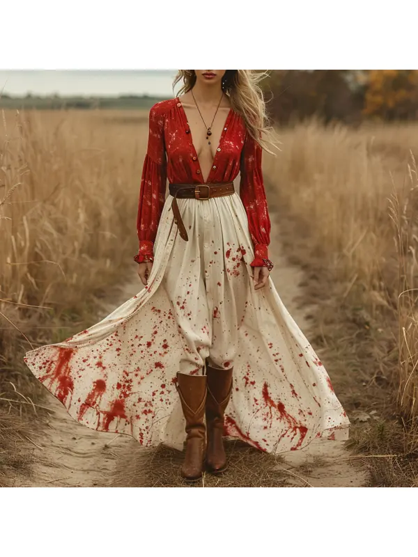 Retro V Neck Linen Women's Long Sleeve Long Dress Halloween Dress Party Dress - Realyiyi.com 