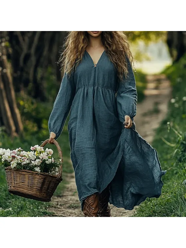 Women's Linen Solid V-neck Maxi Loose Casual Long Sleeve Bohemian Dress - Realyiyi.com 