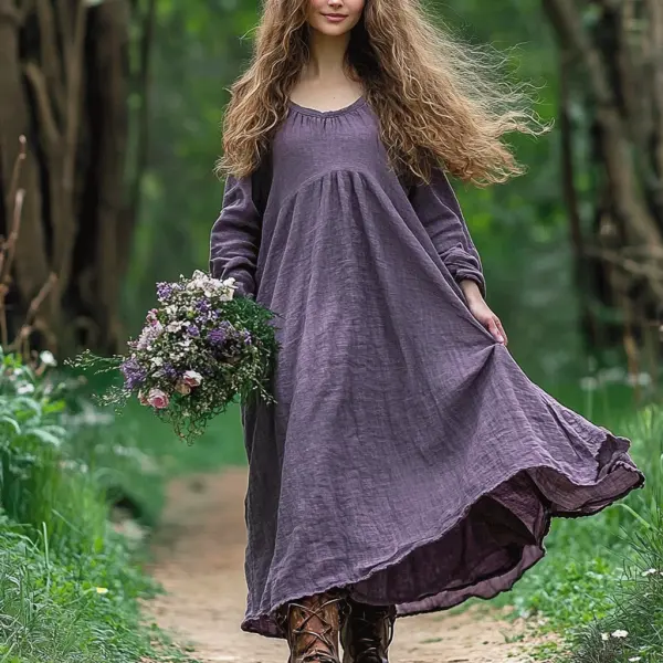 Women's Linen Solid Loose Long Sleeve Maxi Bohemian Dress - Yiyistories.com 