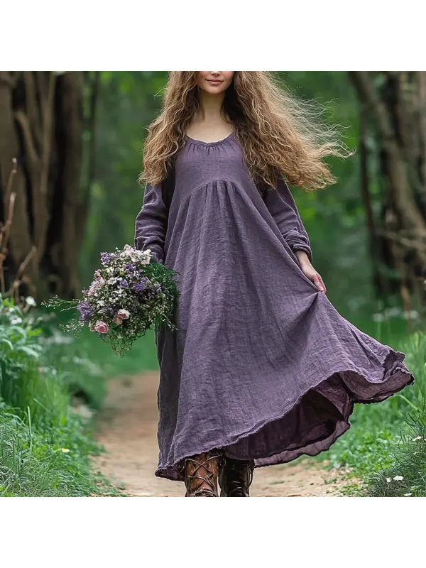 Women's Linen Solid Loose Long Sleeve Maxi Bohemian Dress - Geocici.com 