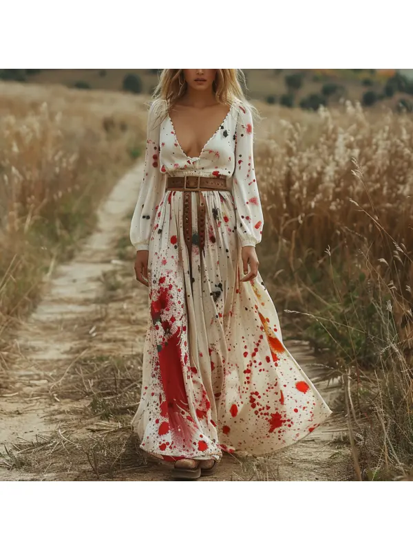 Retro V Neck Linen Women's Long Sleeve Long Dress Halloween Dress Party Dress - Realyiyi.com 