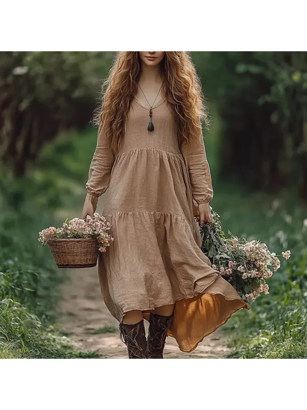 Women's Linen Solid Maxi Casual Dress - Geocici.com 