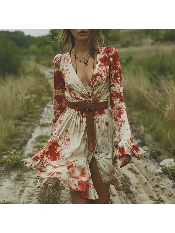 Retro V-neck Women's Tie Dye Long Sleeve Dress Halloween Red And White Short Dress Party Skirt - Hoplady.chimpone.com 