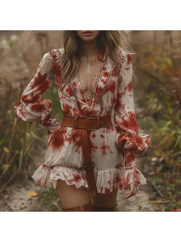 Retro V-neck Women's Tie Dye Long Sleeve Dress Halloween Red And White Short Dress Party Skirt - Viewbena.com 