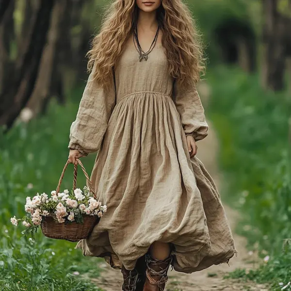 Women's Linen Solid V-neck Casual Simple Maxi Loose Long Sleeve Bohemian Dress - Yiyistories.com 