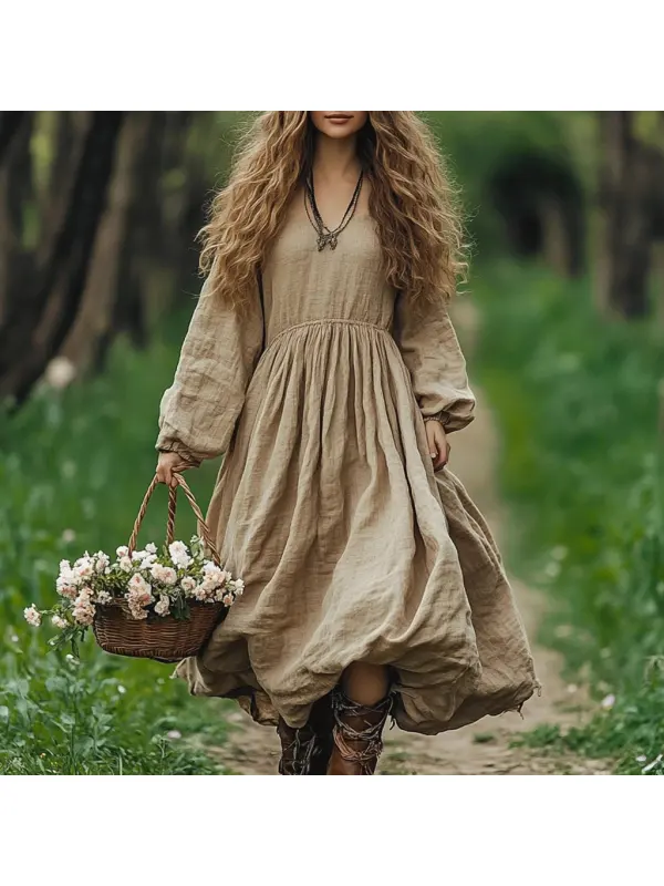Women's Linen Solid V-neck Casual Simple Maxi Loose Long Sleeve Bohemian Dress - Cominbuy.com 