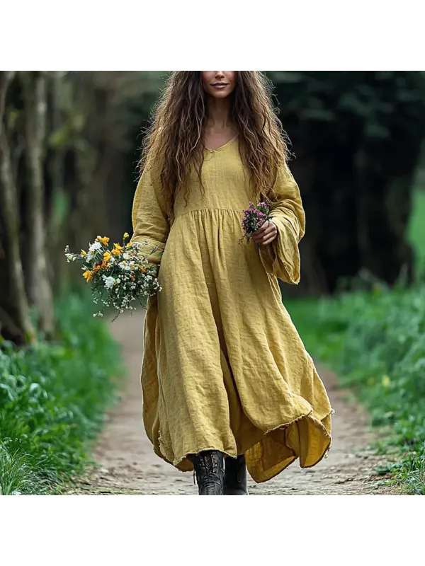 Women's Linen Solid V-neck Maxi Loose Long Sleeve Bohemian Dress - Viewbena.com 