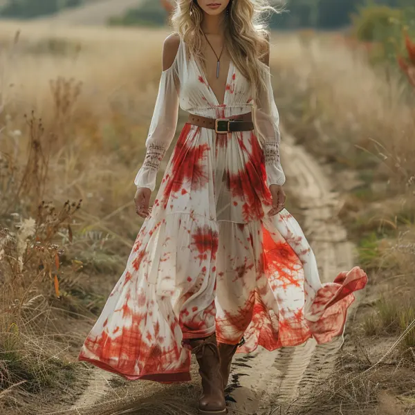 Retro V Neck Linen Women's Long Sleeve Long Dress Halloween Dress Party Dress - Trisunshine.com 