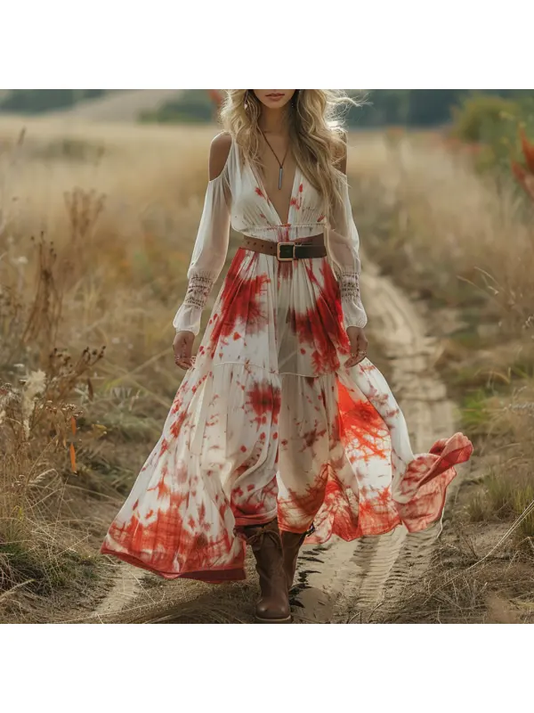 Retro V Neck Linen Women's Long Sleeve Long Dress Halloween Dress Party Dress - Realyiyi.com 