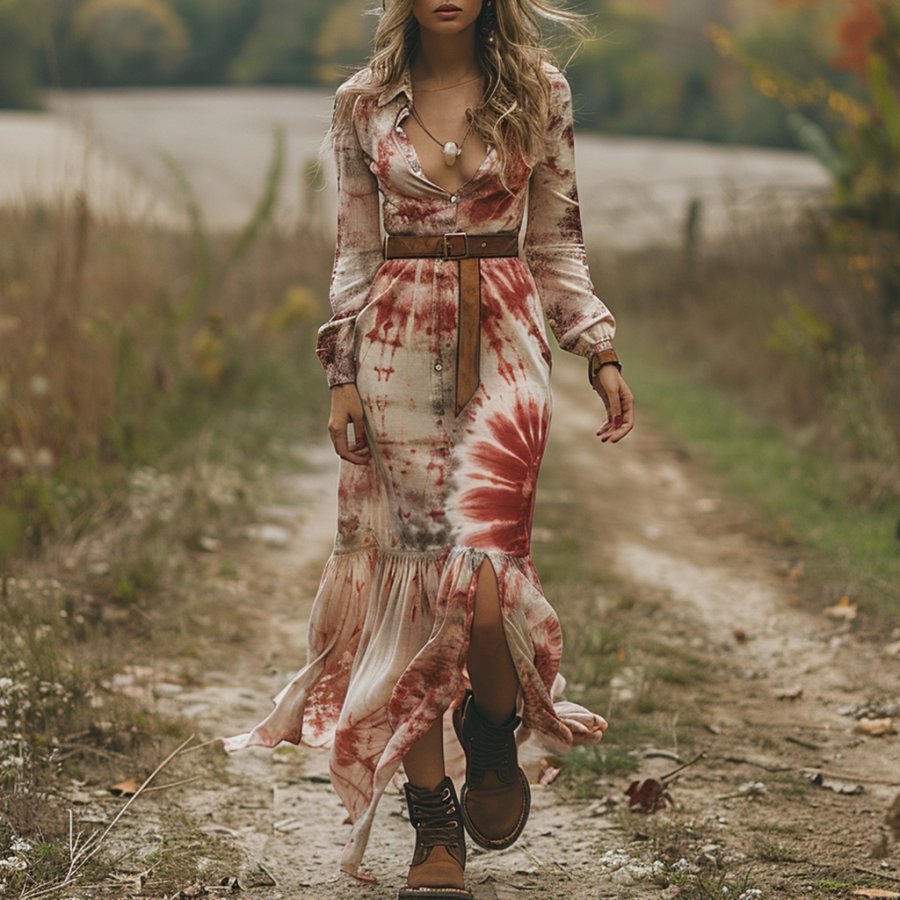 

Retro V Neck Linen Women's Long Sleeve Long Dress Halloween Dress Party Dress