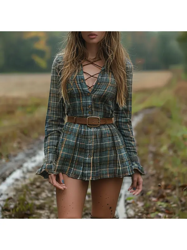 Women's Retro Plaid Long-sleeved Shirt Short Dress Pastoral Denim Sexy Long-sleeved Dress Autumn And Winter Retro Dress - Realyiyi.com 