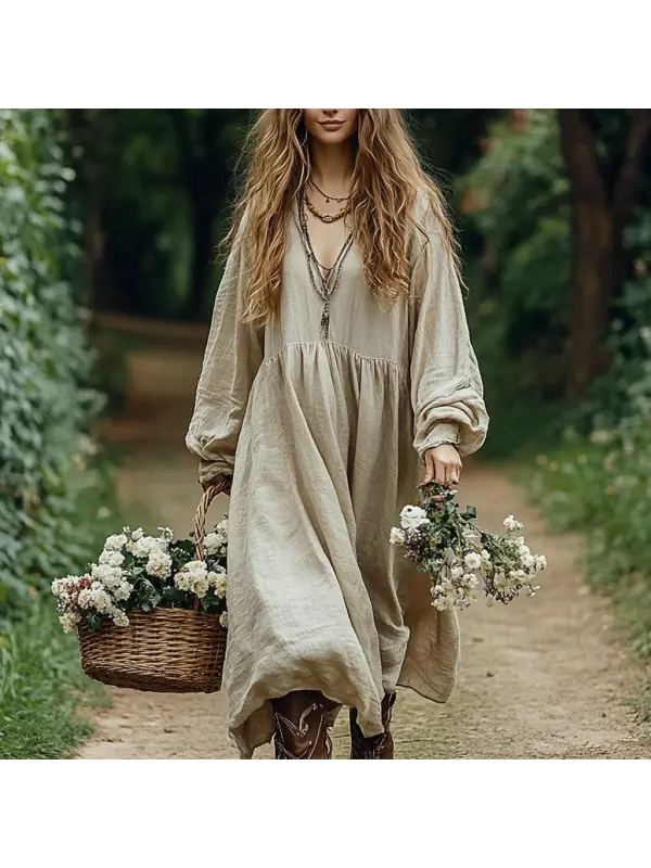 Women's Linen Solid Maxi Loose Long Sleeve Bohemian Dress - Hoplady.chimpone.com 