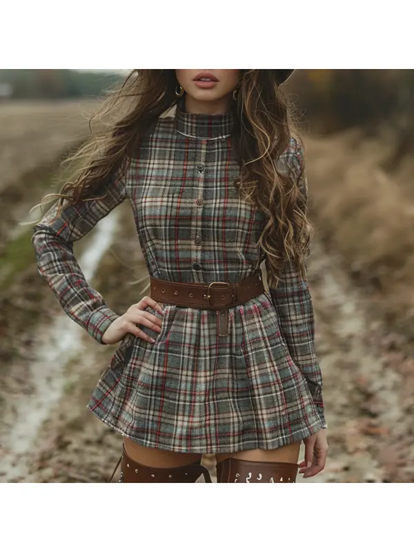 Women's Retro Plaid Long-sleeved Short Dress Pastoral Denim Sexy Long-sleeved Dress Autumn And Winter Retro Dress - Viewbena.com 