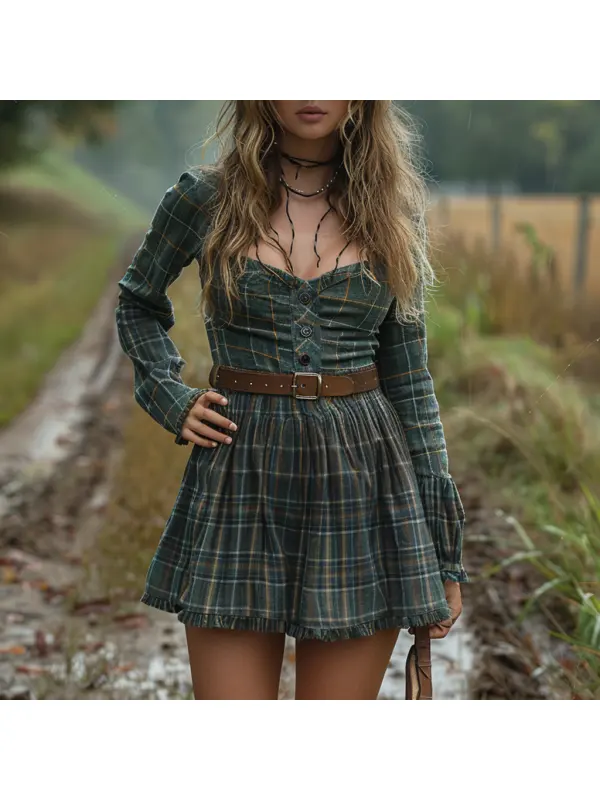 Women's Retro Plaid Long-sleeved Short Dress Pastoral Denim Sexy Long-sleeved Dress Autumn And Winter Retro Dress - Viewbena.com 