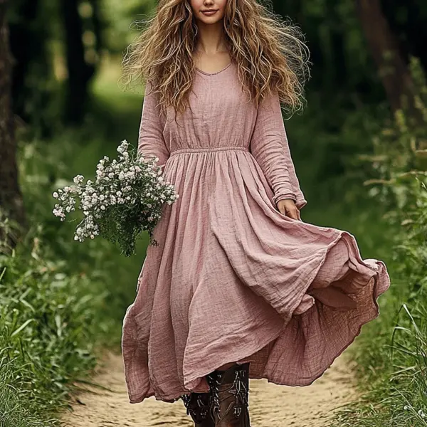 Women's Linen Solid Casual Simple Maxi Loose Long Sleeve Bohemian Dress - Yiyistories.com 