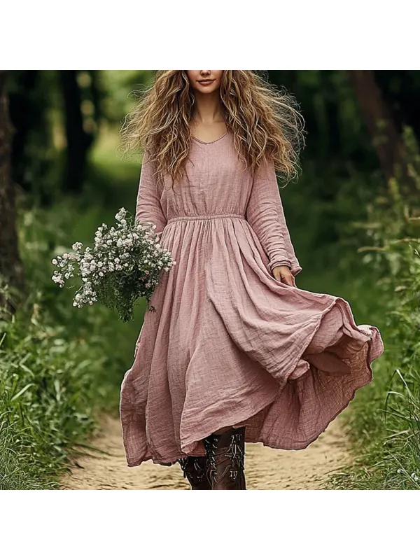 Women's Linen Solid Casual Simple Maxi Loose Long Sleeve Bohemian Dress - Hoplady.chimpone.com 