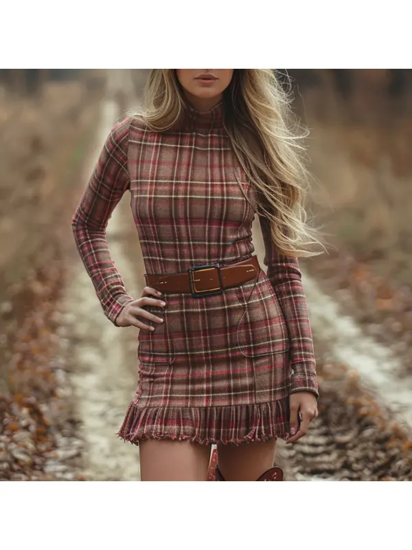 Women's Retro Plaid Long-sleeved Short Dress Pastoral Denim Sexy Long-sleeved Dress Autumn And Winter Retro Dress - Realyiyishop.com 