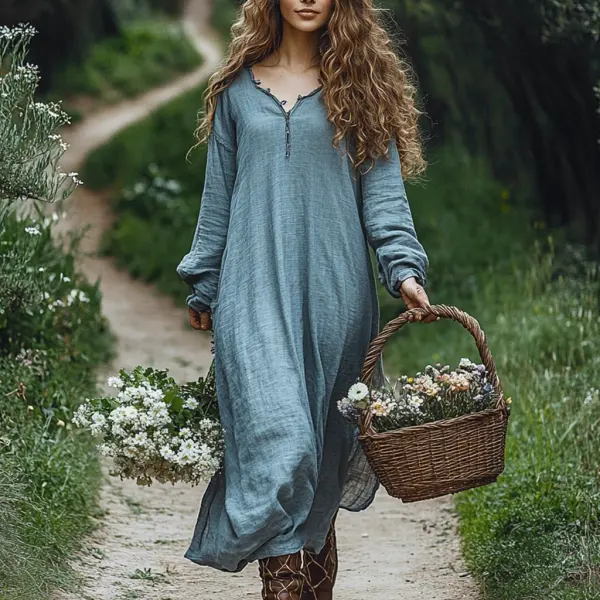 Women's Linen Solid Maxi Casual Long Sleeve Dress - Yiyistories.com 