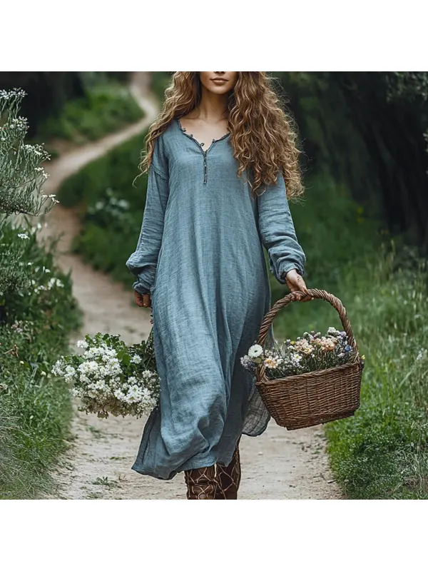 Women's Linen Solid Maxi Casual Long Sleeve Dress - Viewbena.com 