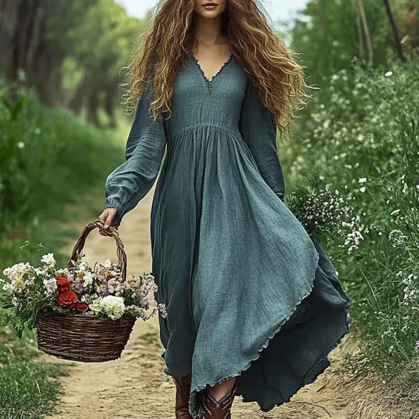 Women's Linen Solid Maxi Casual Simple Long Sleeve Dress - Yiyistories.com 