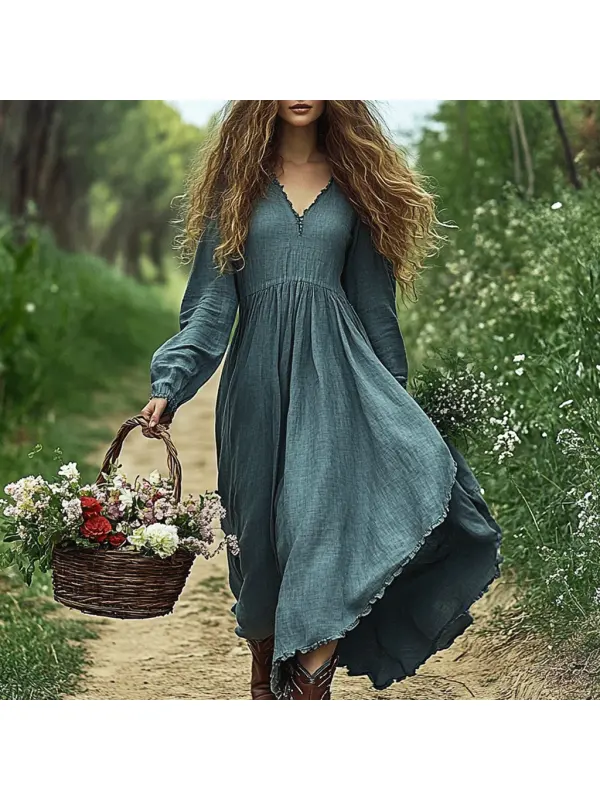 Women's Linen Solid Maxi Casual Simple Long Sleeve Dress - Geocici.com 