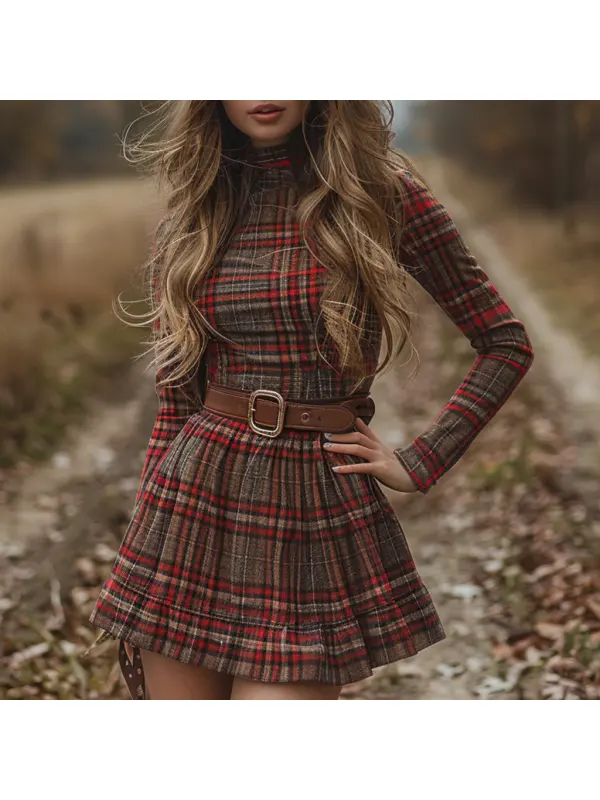 Women's Retro Plaid Long-sleeved Short Dress Pastoral Denim Sexy Long-sleeved Dress Autumn And Winter Retro Dress - Cominbuy.com 