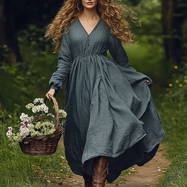 Women's Linen Solid V-neck Bohemian Dress - Yiyistories.com 