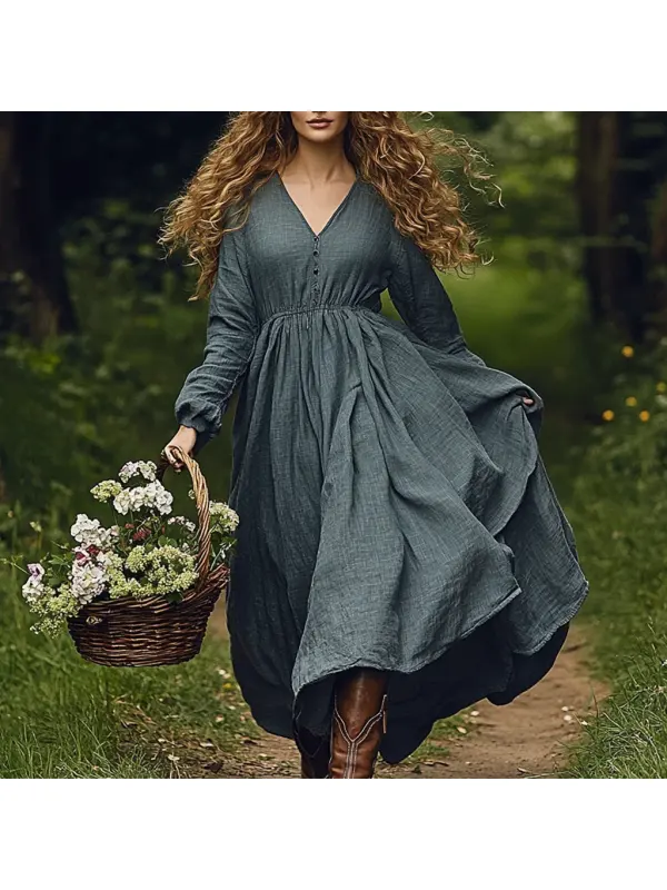 Women's Linen Solid V-neck Bohemian Dress - Cominbuyshop.com 