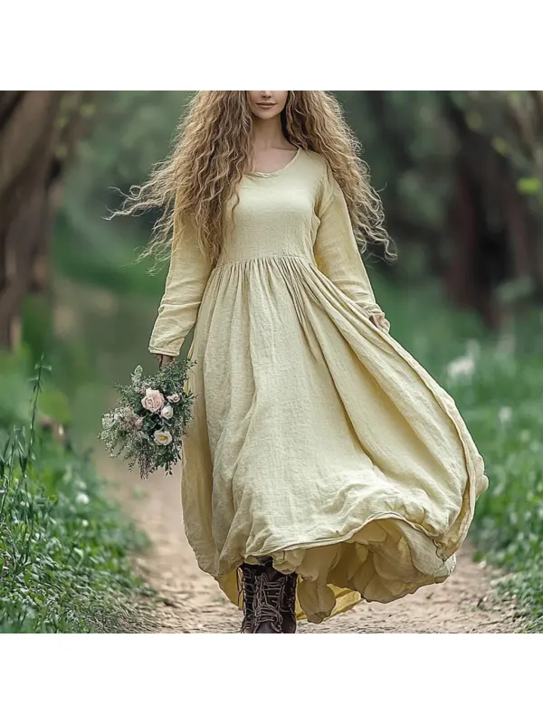 Women's Linen Solid Maxi Simple Ethnic Long Sleeve Dress - Geocici.com 