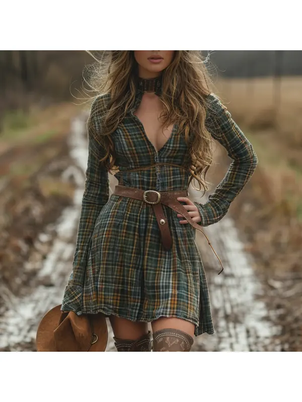 Women's Retro Plaid Long-sleeved Shirt Short Dress Pastoral Denim Sexy Long-sleeved Dress Autumn And Winter Retro Dress - Realyiyi.com 