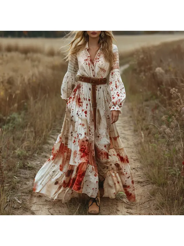 Retro V Neck Linen Women's Long Sleeve Long Dress Halloween Dress Party Dress - Realyiyi.com 